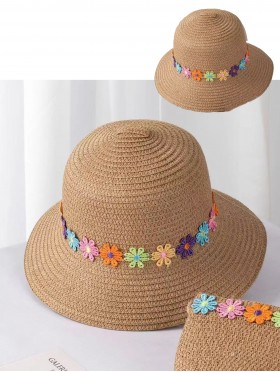 Adult and Kid Woven Sun Hat W/ Flowers Set